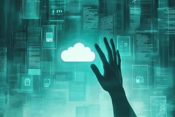 a hand reaching towards a floating cloud technology symbol, surrounded by an array of digital files 