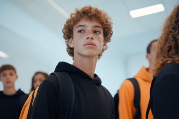 Young student in casual attire looking thoughtfully in a modern school hallway surrounded by peers