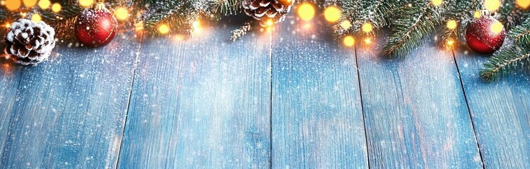 Wall Mural - Festive Christmas decoration with fir branches, snow, and defocused lights on blue wooden table