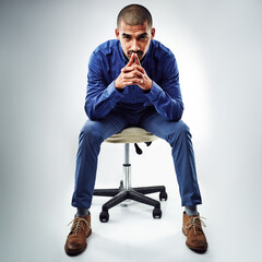 Poster - Portrait, serious and solution with business man in studio for ambition, inspiration or opportunity. Idea, mission and office chair with employee on white background for agency or career development