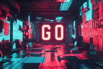 Aufkleber - Ready set go display with glitch effects in a futuristic digital room environment, Ready Set Go Type with Glitch Effects in 3D Room