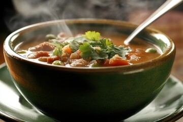 Wall Mural - Steaming bowl of hot soup with vegetables herbs