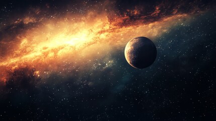 Poster - vivid portrayal of a celestial scene with a planet surrounded by swirling cosmic gases and distant s