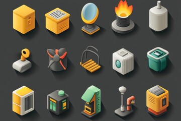 Poster - Collection of icons representing various utilities and resources for modern applications and services, Icons representing various utilities and resources over grid