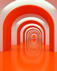 Poster - Monumental neon interior housing a levitating orange form, polished metallic floor, reflective