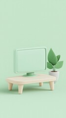 Poster - Minimalist monitor display with a potted plant set on a modern table Green background for a clean aesthetic perfect for a workspace