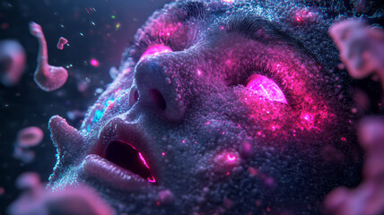Poster - Bioluminescent face partially fused with swirling kaleidoscopic forms, organic patterns, soft neon