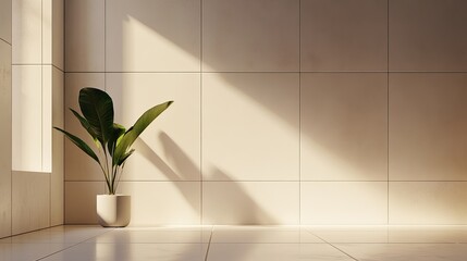 Wall Mural - A minimalist bathroom design with white tiles, a single plant, and soft lighting. picture