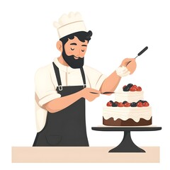 A man in a chef's hat is decorating a cake with berries