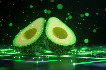 Poster - Futuristic burst of avocado halves interlocked with neon geometric lines, moody dark backdrop, high