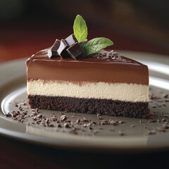 slice of decadent chocolate mousse cake with creamy layer, topped with chocolate pieces and mint leaves, sits on plate, surrounded by chocolate shavings