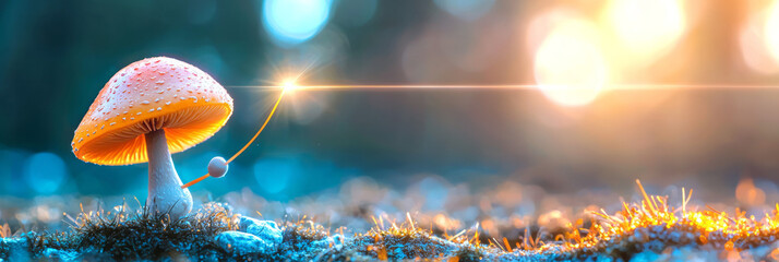 Poster - Soft cinematic shot highlighting a single golden mushroom, thin beams of sunlight, blurred forest