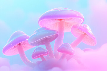 Poster - Ethereal ensemble of translucent mushrooms floating in an abstract environment, luminous glows,