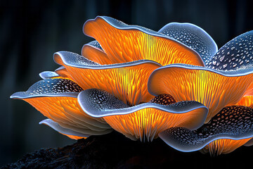 Poster - Macro-inspired display of imaginative mushrooms with exaggerated scales, intricate patterns,