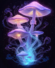 Poster - Chaotic yet harmonious cluster of mushrooms in bright neon shades, swirling ribbons of color, bold