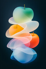 Poster - Dreamlike convergence of 3D apple forms, each in a different vibrant shade, floating over a dark