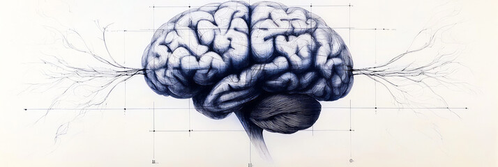 Poster - Stylized geometric blueprint of a brain, interlocking wireframe elements, metallic reflections,