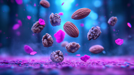 Poster - Pastel-hued environment with nuts levitating in geometric shapes, crisp edges, luminous glow, moody