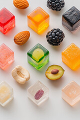 Poster - Minimalistic set of vibrant nuts suspended in pastel cubes, crisp dimension, shadow play, modern