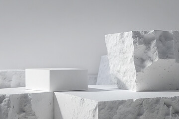Aufkleber - Broken white concrete slabs as a podium for product presentation. White pieces of Stone wall with broken textured edges.