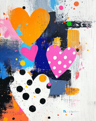 Aufkleber - Whimsical collage of polka-dotted hearts floating above abstract brushstrokes, bold color