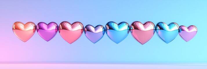 Poster - Futuristic arrangement of metallic hearts with mirrored surfaces, reflective neon outlines, moody