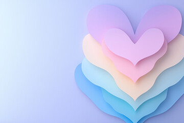 Poster - Layered paper cutout hearts in a 3D diorama style, subtle shadow play, pastel color scheme, refined