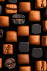 Poster - Overhead arrangement of roasted coffee beans floating in geometric patterns, bold contrasts, subtle