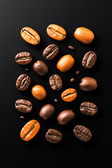 Poster - Overhead arrangement of roasted coffee beans floating in geometric patterns, bold contrasts, subtle