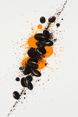Poster - Mixed-media aesthetic combining roasted beans with fluid ink splashes, rich brown and gold tones,