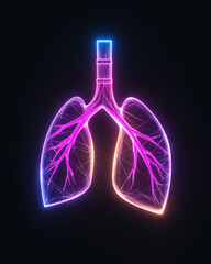 Poster - Futuristic design featuring neon-outlined lungs intersecting geometric forms, sharp contrasts,