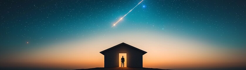 Poster - a meteor shower streaking across the night sky, vibrant trails of orange and blue light, a silhouett