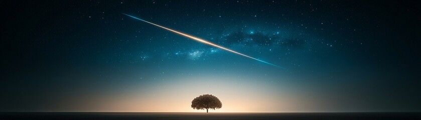 Poster - A meteor shower streaking across the night sky, vibrant trails of orange and blue light, a silhouette of an ancient temple in the foreground, deep cosmic background filled with nebulae and distant