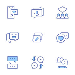 Poster - chat icons set. line duotone style, editable stroke. favorite mobile message, voice chat, group disc