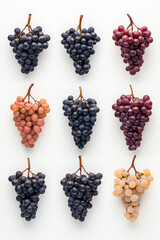 Poster - Minimal geometric layout of grape clusters, each in a different hue, organized in a grid pattern,