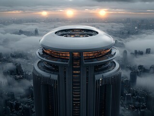 Poster - a futuristic city skyline under an alien sky, two suns casting an orange and purple glow, floating i