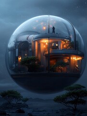 Poster - a futuristic observatory floating in space, scientists gazing through massive glass panels at a near