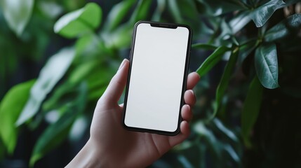 Wall Mural - a hand holds a smartphone with a blank screen, surrounded by lush green leaves, highlighting a blend