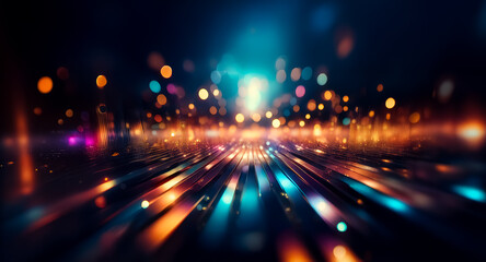 Poster - Vibrant bokeh lights in shades of orange, blue, and purple create an abstract and dynamic scene.  The blurred lights suggest movement, resembling a fast-paced urban night.