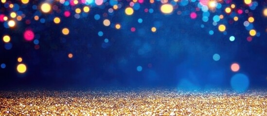 Wall Mural - Shimmering Golden Glitter Christmas Lights on Blue Background