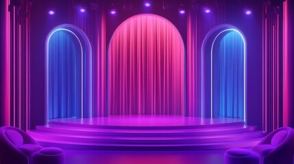 Poster - Colorful Stage Design Featuring Vibrant Curtains and Lighting Setup Ideal for Performances or Events in a Modern Venue