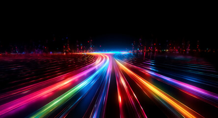 Poster - Colorful light streaks rush forward on a dark backdrop, creating a dynamic sense of speed and energy with vibrant illumination.