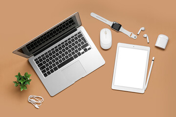 Wall Mural - composition with modern devices on color background