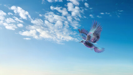 Wall Mural - a bird with dreamy purple, blue, and orange feathers flying in a blue sky with gentle white clouds