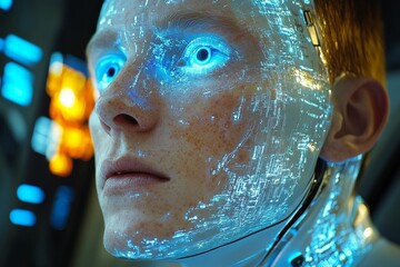 Poster - Futuristic humanoid with glowing blue eyes and intricate circuitry in a high-tech environment