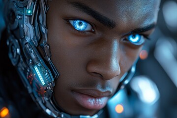 Fototapete - Young cyborg with glowing blue eyes features futuristic technology in a sci-fi setting