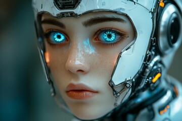 Fototapete - Close-up of a futuristic humanoid robot with bright blue eyes and intricate mechanical features showcases advanced technology at play