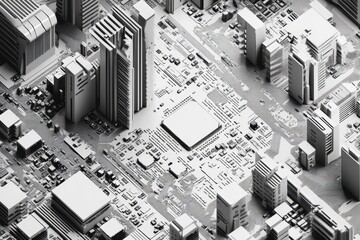 Fototapete - Futuristic geometric aerial view of a complex circuit board cityscape in monochrome tones, Abstract Futuristic 3D Geometric Aerial Circuitboard City