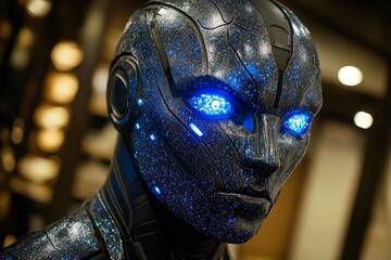 Poster - Futuristic humanoid robot with blue glowing eyes displayed in a modern exhibition space