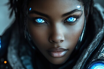 Fototapete - Futuristic character with striking blue eyes in a cyberpunk-inspired environment during a nighttime setting